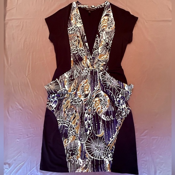 BCBGMaxAzria Short Sleeve V-neck Jersey Draped Black Midi Dress Size Large - Picture 3 of 11